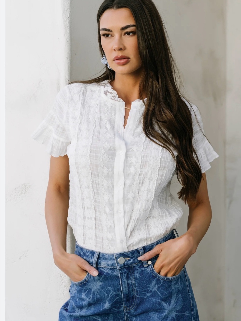 Baltic Born Zara White Lace-Detail Button Front Top